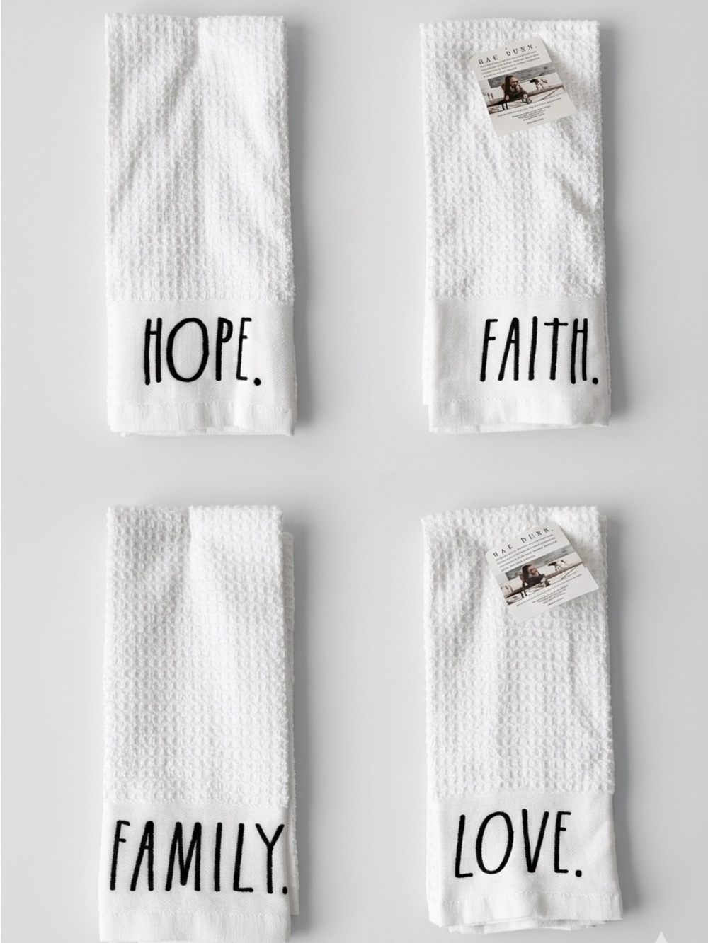 Rae Dunn Hope Faith Family Love White Waffle Knit Cotton Kitchen Towels 4 Pack